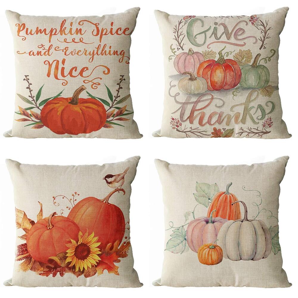 5841 Set of 4 Fall Pumpkin Harvest Decorative Throw Pillow Covers Autumn